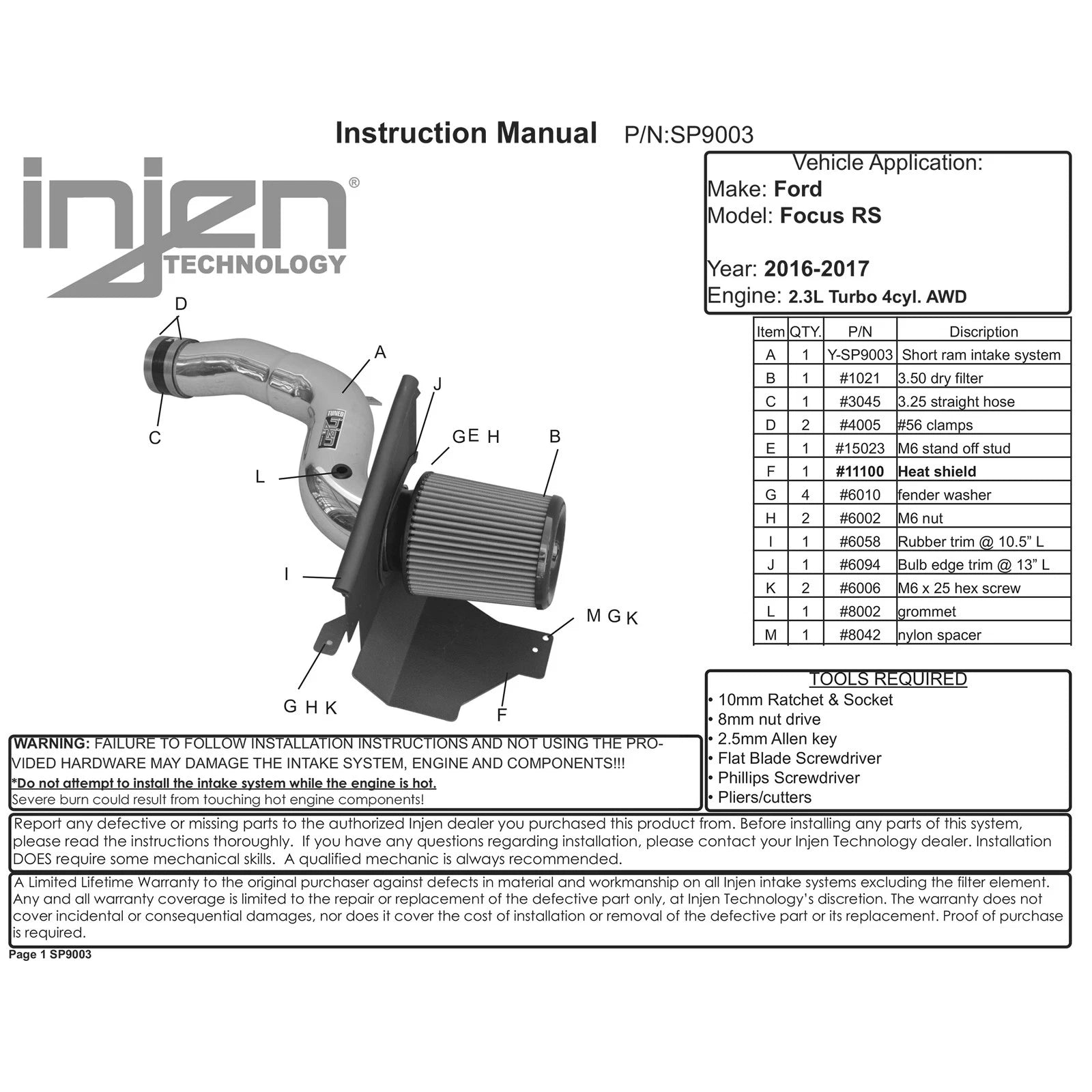 Injen 16-18 Ford Focus RS Polished Cold Air Intake | Ford Focus (11-19) / Kia Soul (14-19) (SP9003P)