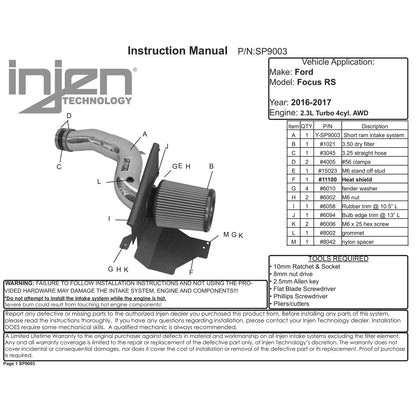 Injen 16-18 Ford Focus RS Polished Cold Air Intake | Ford Focus (11-19) / Kia Soul (14-19) (SP9003P)