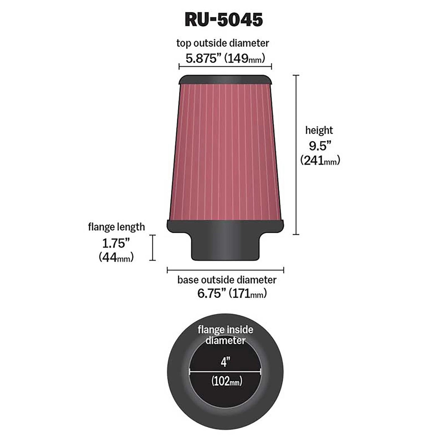 K&N RU-5045 Universal Round Tapered Performance Washable Air Filter for Intake