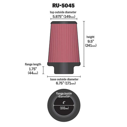 K&N RU-5045 Universal Round Tapered Performance Washable Air Filter for Intake