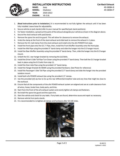 aFe Vulcan 3-3in-2-1/2in SS Cat-Back w/ Black Tips | Jeep Gladiator V6-3.6L (49-38084-B)
