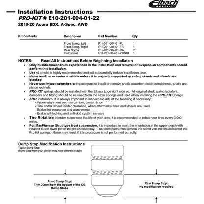 Eibach Pro-Kit for 19-20 Acura RDX A-Spec AWD (E10-201-004-01-22)