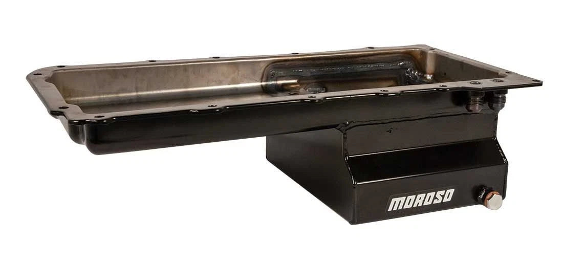 Moroso GM LS Swap (w/Rear Sump & Two -10An Fittings) Wet Sump 7qt 6in Baffled Steel Oil Pan - Black