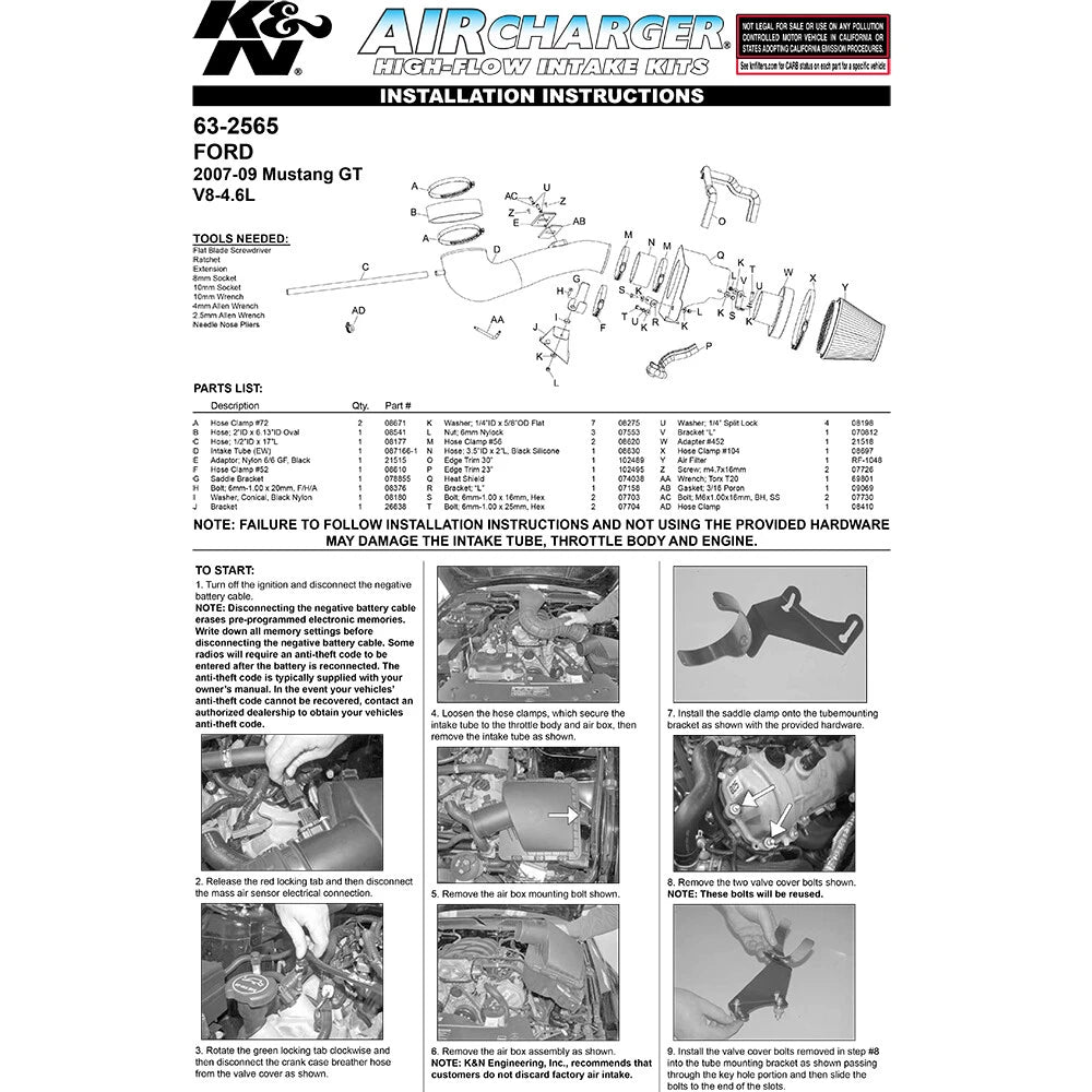 K&N 07-09 Ford Mustang GT V8-4.6L AirCharger Performance Intake | Ford Mustang (07-09) (63-2565)