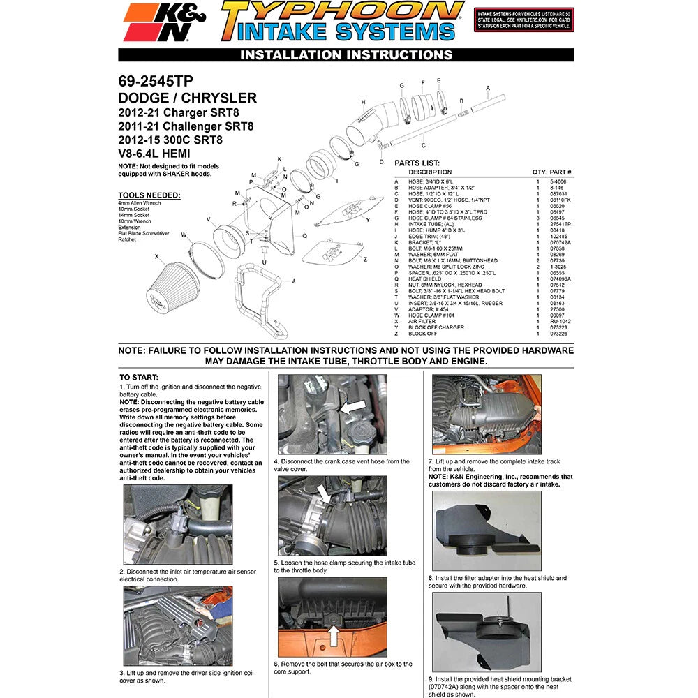 K&N Engineering Performance Intake Kit Typhoon: Dodge Challenger 2011 6.4L V8