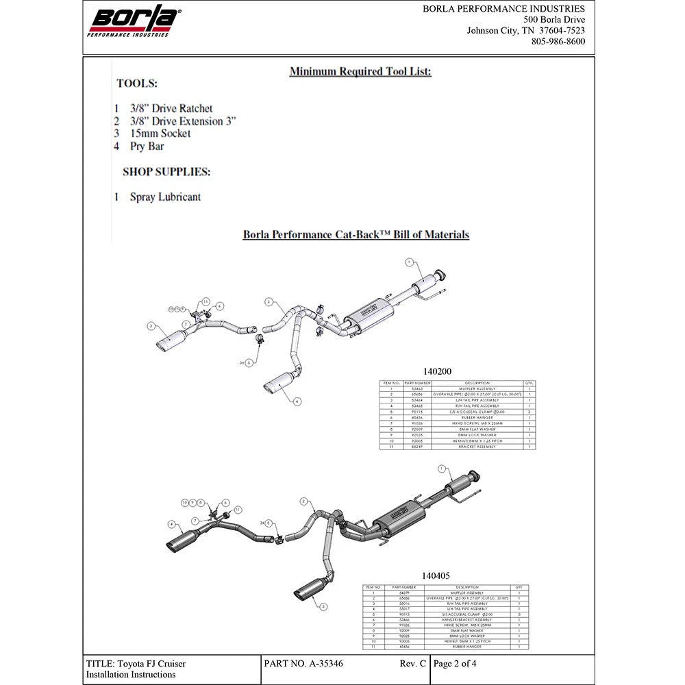Borla Cat-Back Exhaust System - Touring | 2010-2014 Toyota FJ Cruiser 4.0L (140405)