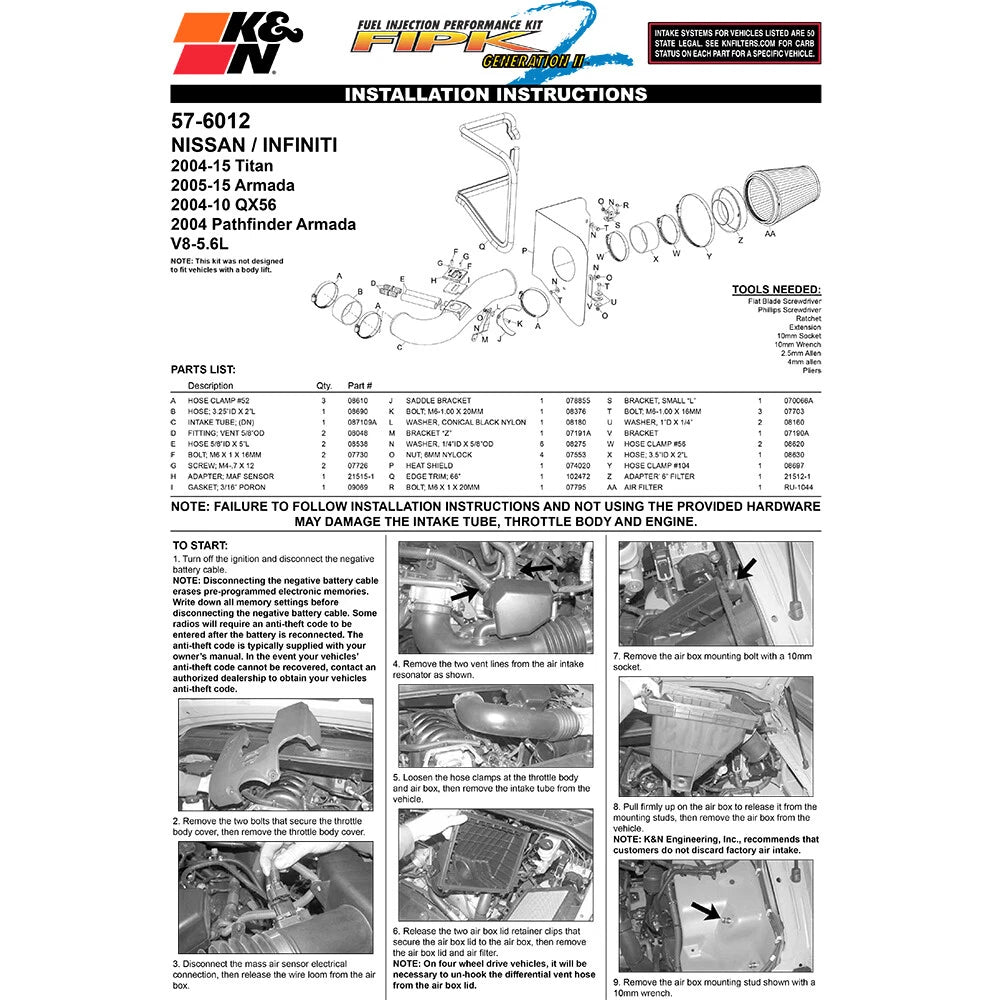 K&N Performance Intake Kit | Nissan Titan/Pathfinder V8-5.6L (57-6012)