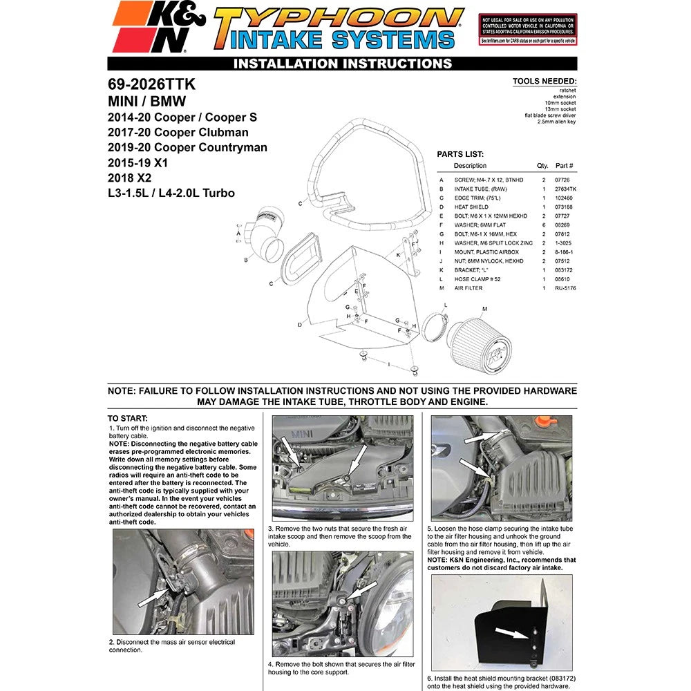 K&N Typhoon Performance Intake Kit | Mini Cooper (14-15) 1.5L (69-2026TTK)