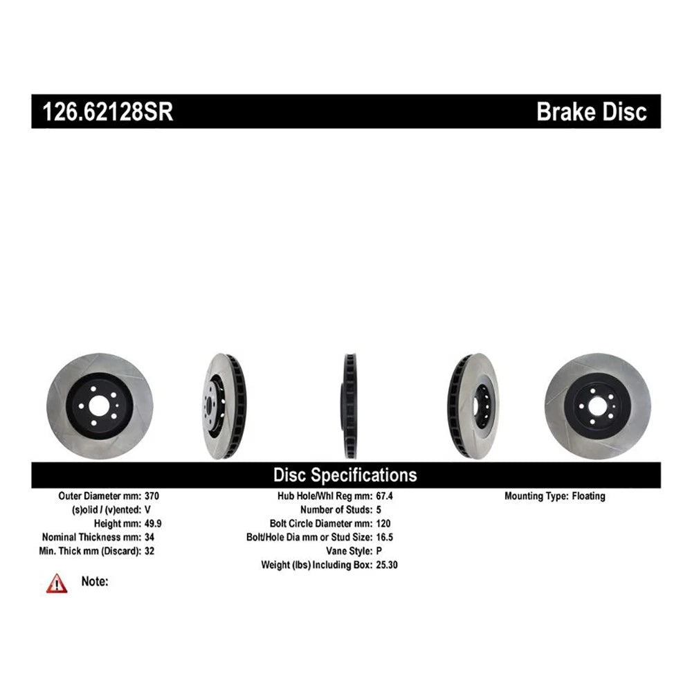 StopTech 126.62128SR Front Right Slotted Brake Disc Rotor for 09-15 Cadillac CTS