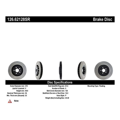 StopTech 126.62128SR Front Right Slotted Brake Disc Rotor for 09-15 Cadillac CTS