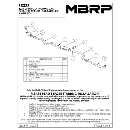 MBRP T304 Stainless Steel 3in Cat-Back Single Side Exit | Toyota Tacoma (24+)