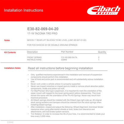 Eibach Pro-Lift-Kit Springs for 2017-2019 Toyota Tacoma TRD Pro 3.5L V6 Double Cab 4WD