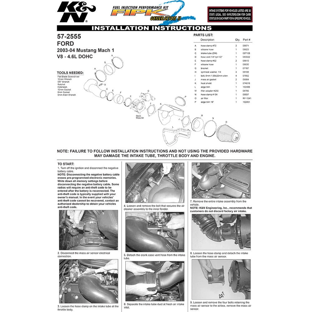 K&N Engineering Performance Intake Kit: Ford Mustang Mach 1 V8 4.6L DOHC 2003 - 2004