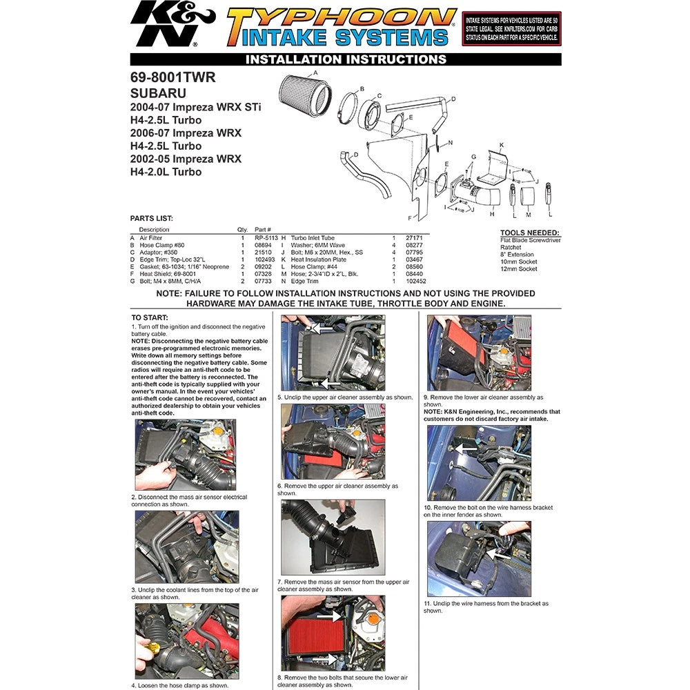 K&N Performance Air Intake System | 2000-2007 Subaru Impreza WRX / WRX STI (K&N 69-8001TS)