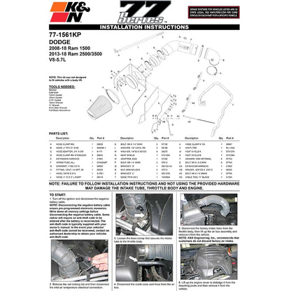 K&N High Flow Performance Kit | Dodge Ram 1500 (09-10) 5.7L V8 (77-1561KP)