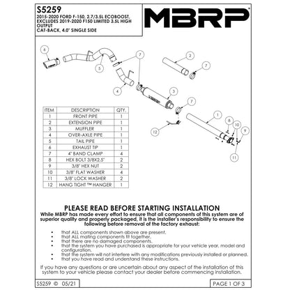 MBRP 4in Cat-Back Single Side Black Exhaust System | Ford F-150 2.7L / 3.5L EcoBoost (15) (S5259BLK)