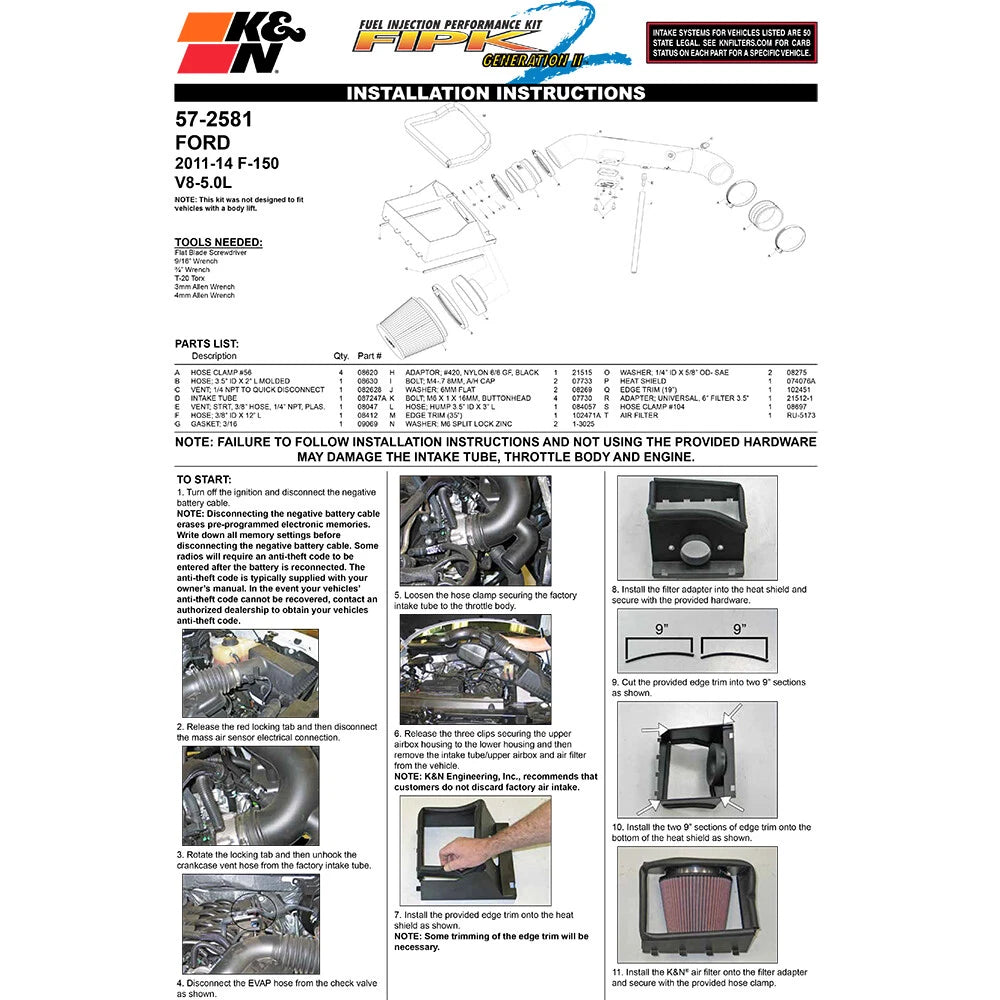 K&N 5.0L V8 Performance Intake Kit | Ford F-150 (11-14) (57-2581)