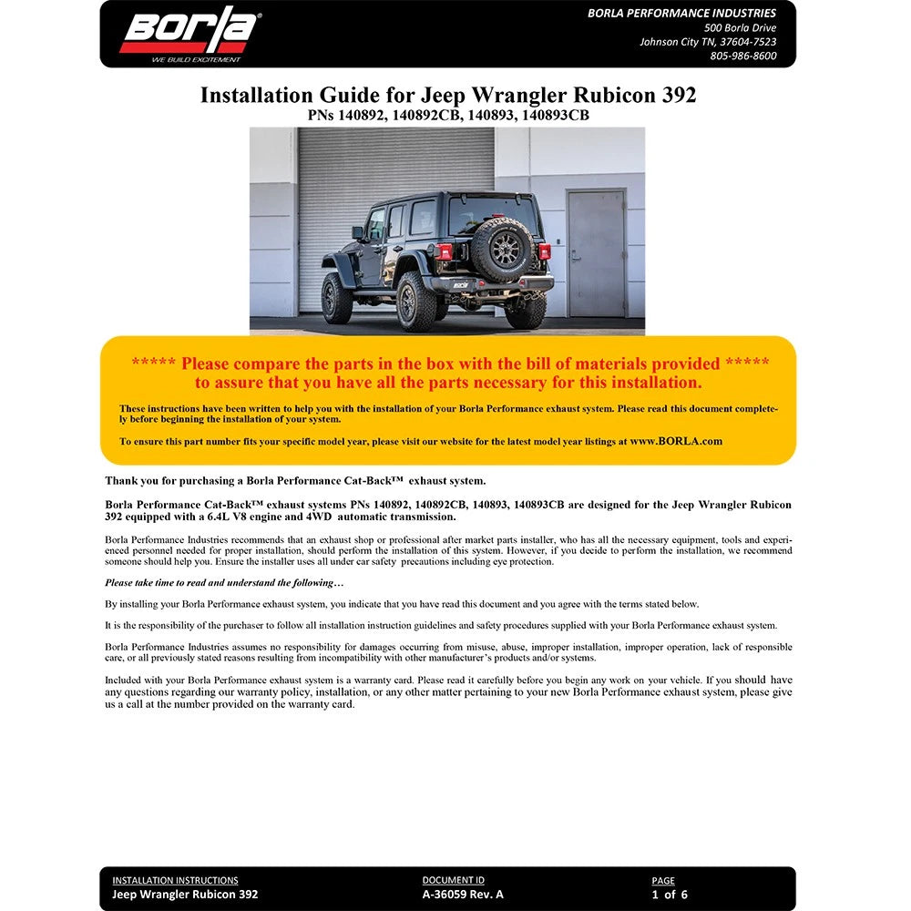 Borla ATAK Coated Black Cat-Back Exhaust | Jeep Wrangler Rubicon 392 (21-22) (140893CB)