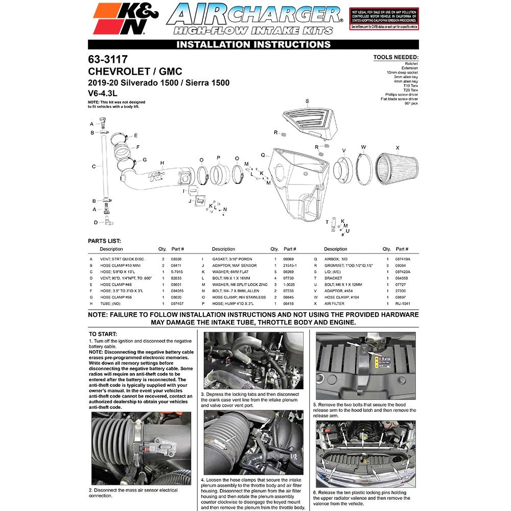 K&N 19-20 Chevrolet Silverado V6 4.3L AirCharger Performance Intake | Chevrolet Silverado (19-20) (63-3117)