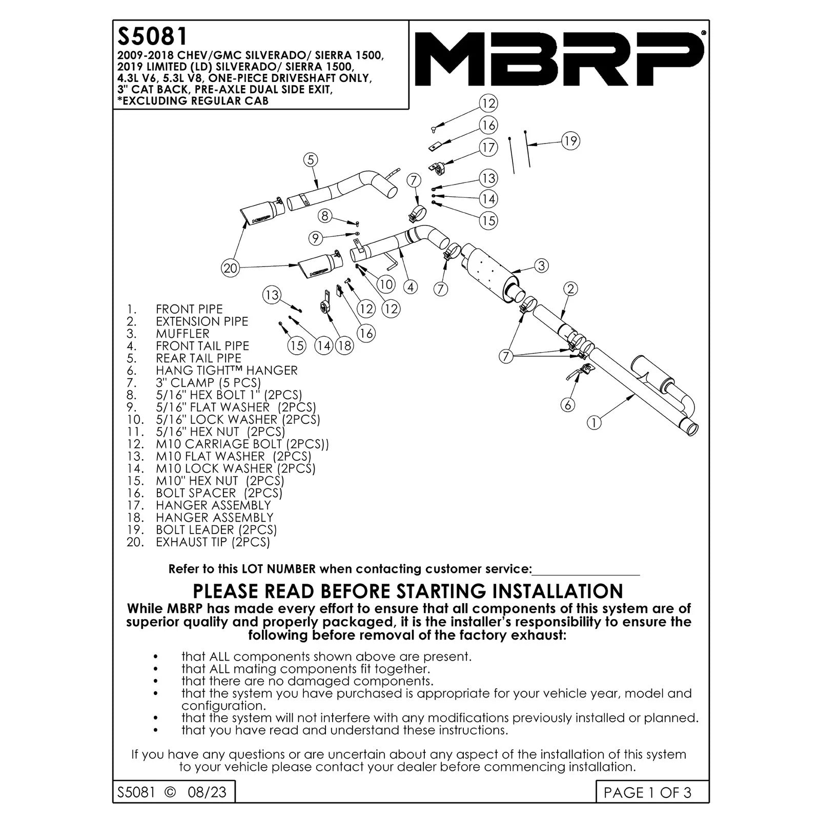 MBRP 3in Pre-Axle Dual Outlet Cat Back Exhaust | Chevrolet Silverado 1500 4.3L (09+) (S5081409)