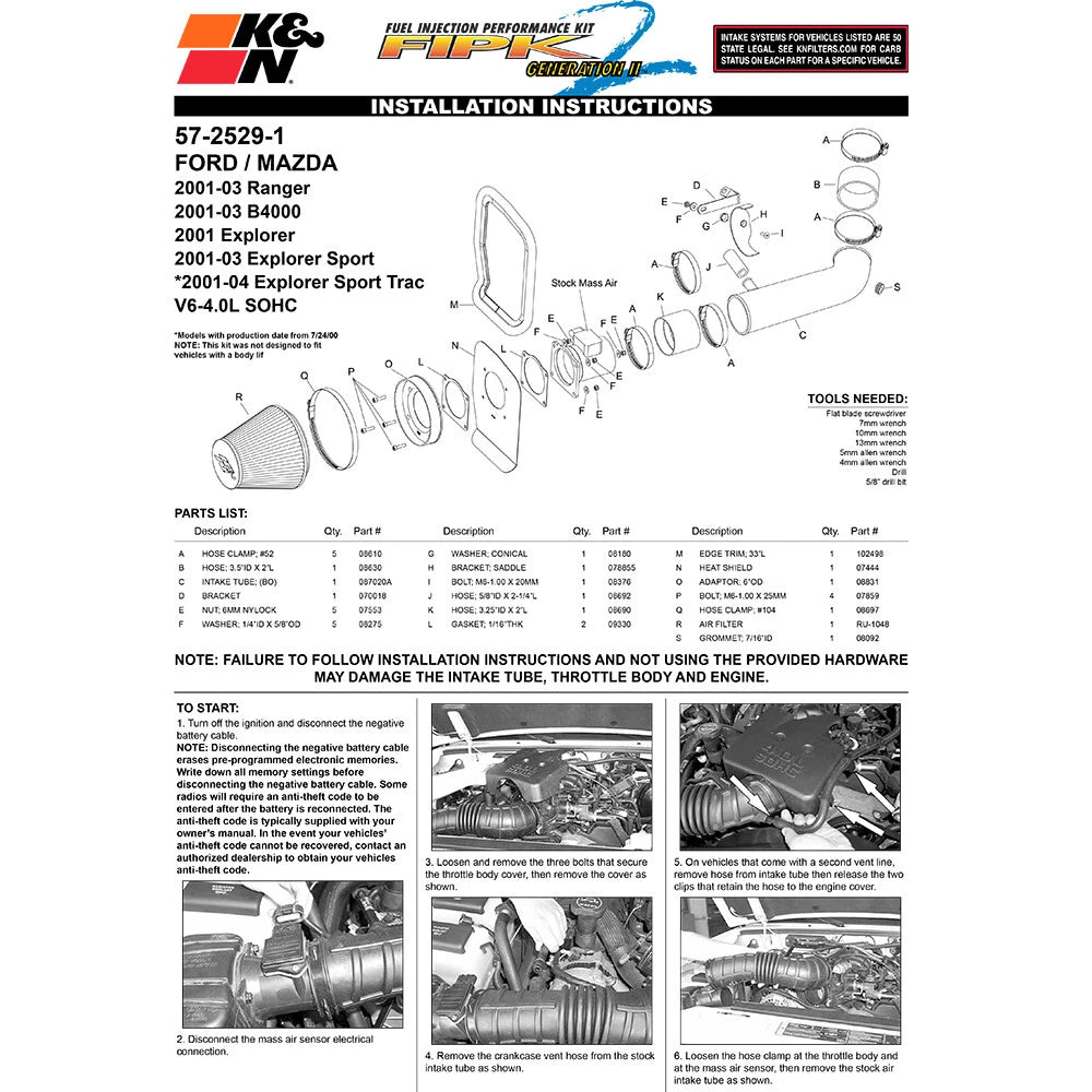 K&N 01-04 Ford Explorer V6-4.0L SOHC Performance Intake Kit | Ford Explorer (01-04) (57-2529-1)