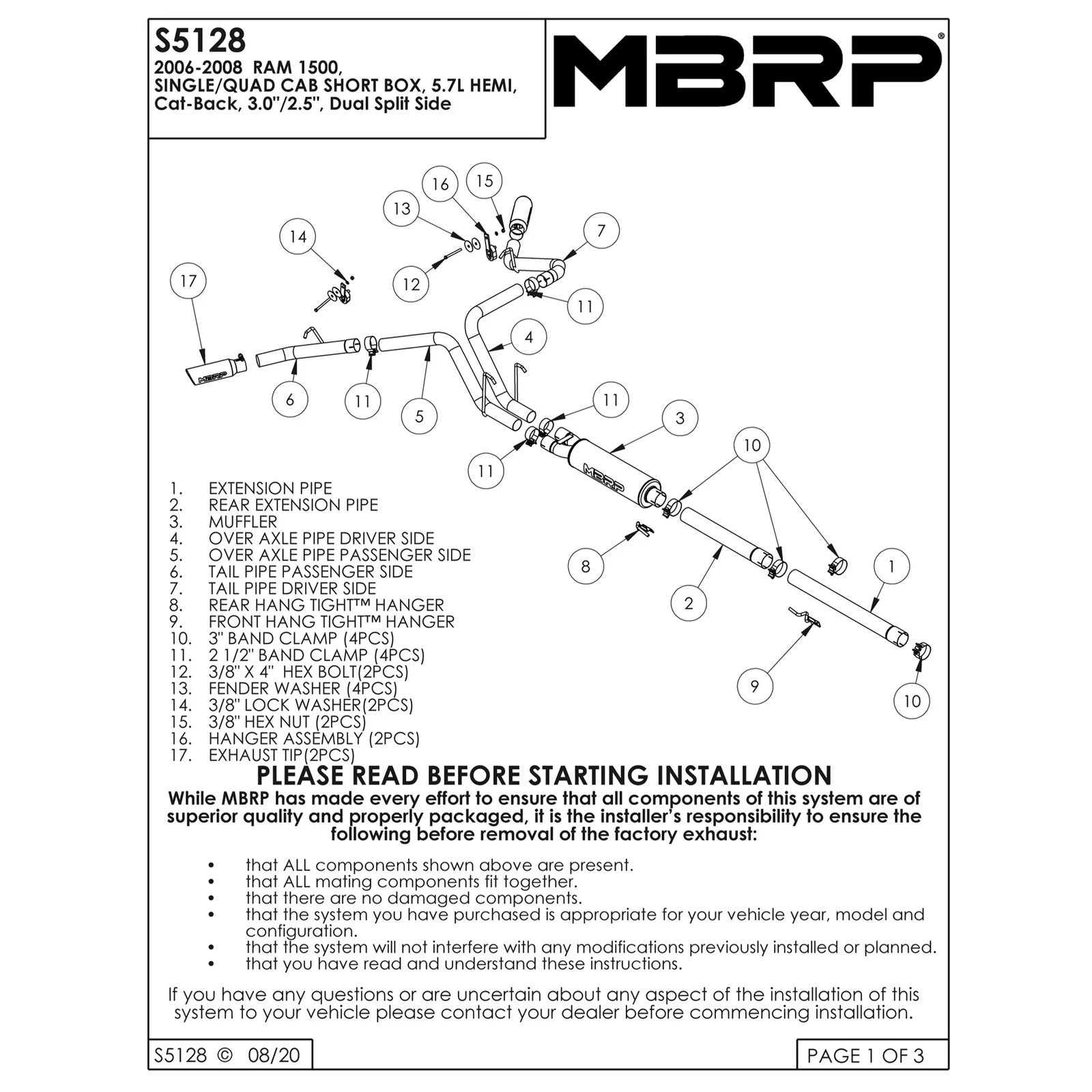 MBRP 3in. Cat-Back Dual Split Side Exhaust | Dodge Ram Hemi 1500 5.7L SC/CC-SB (06-08) (S5128AL)