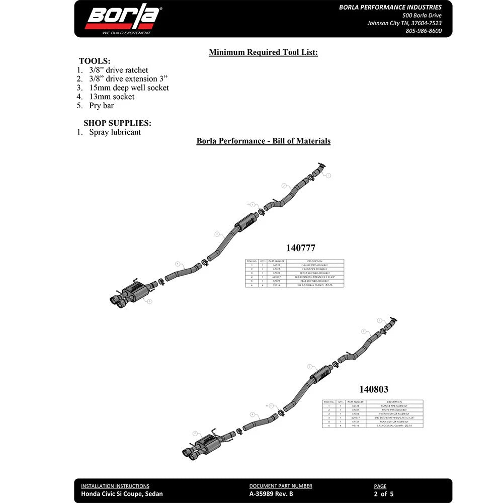 Borla Cat-Back Exhaust System - S-Type | 2017-2020 Honda Civic Si 1.5L Turbocharged (140803)