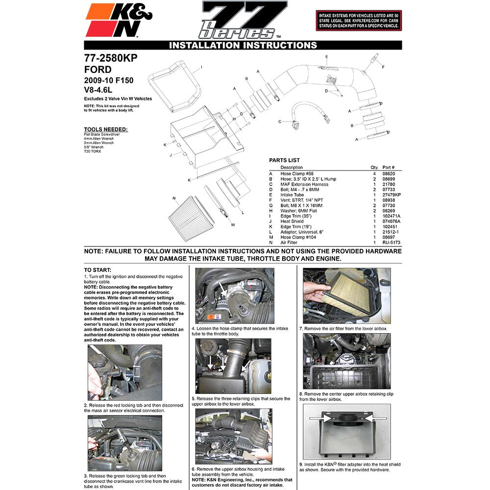 K&N 09-10 Ford F150 4.6L V8 F/I High Flow Performance Kit | Ford F150 (09-10) 4.6L V8