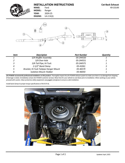 aFe 2.5in SS Cat-Back Exhaust | Ford Ranger L4-2.3L (24+) (49-33149)