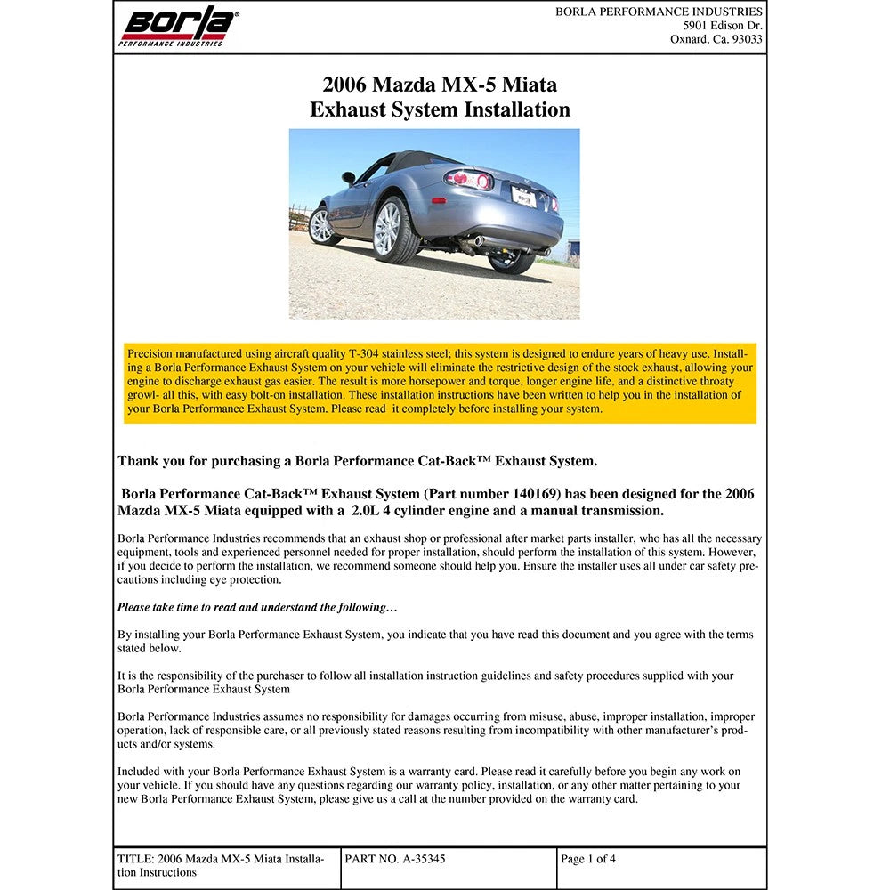 Borla Cat-Back Exhaust System - S-Type | 2006-2015 Mazda MX-5 Miata 2.0L (140169)