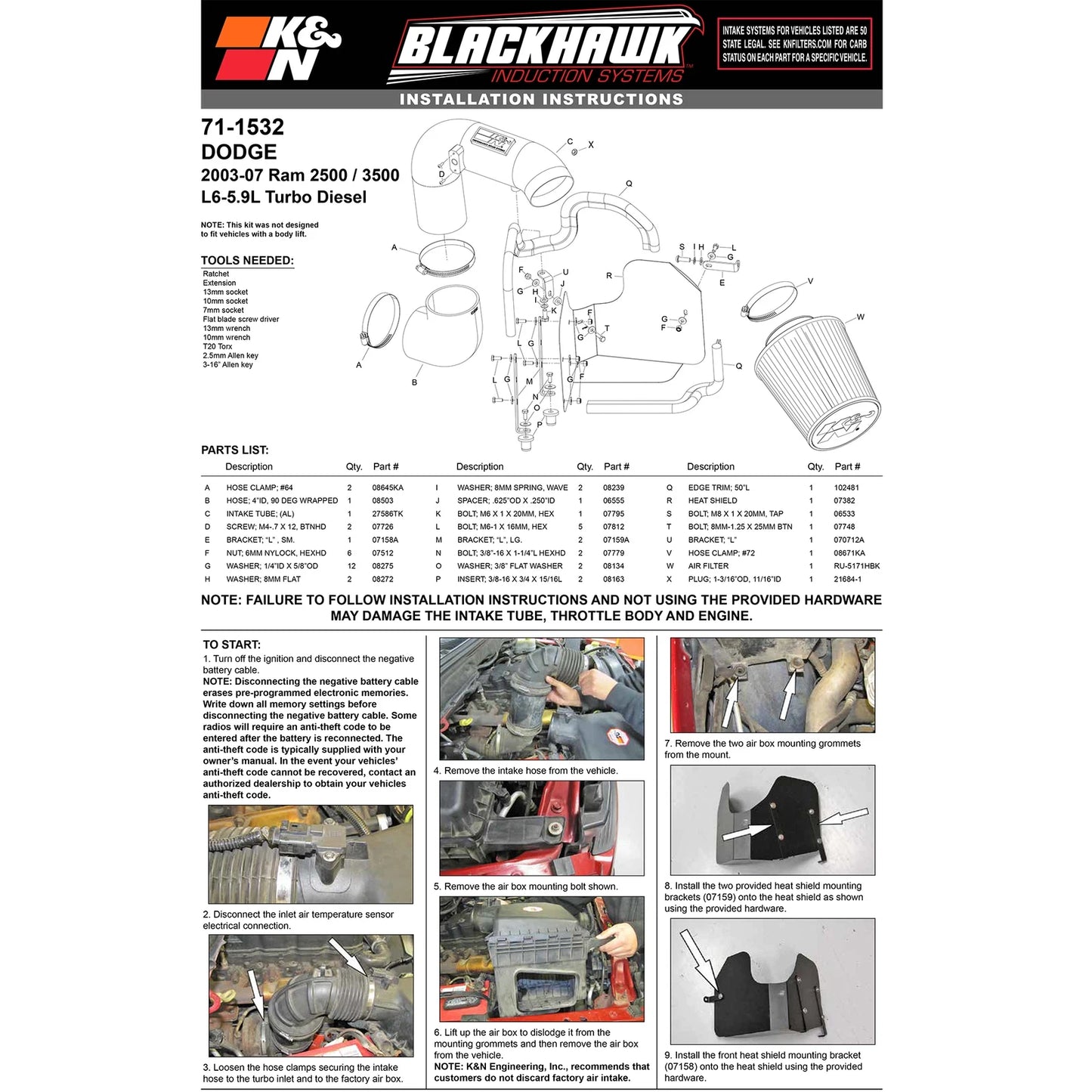 K&N Engineering Black Performance Intake Kit: Dodge Ram Pickup 2500 / 3500 2003 - 2007 5.9L DSL