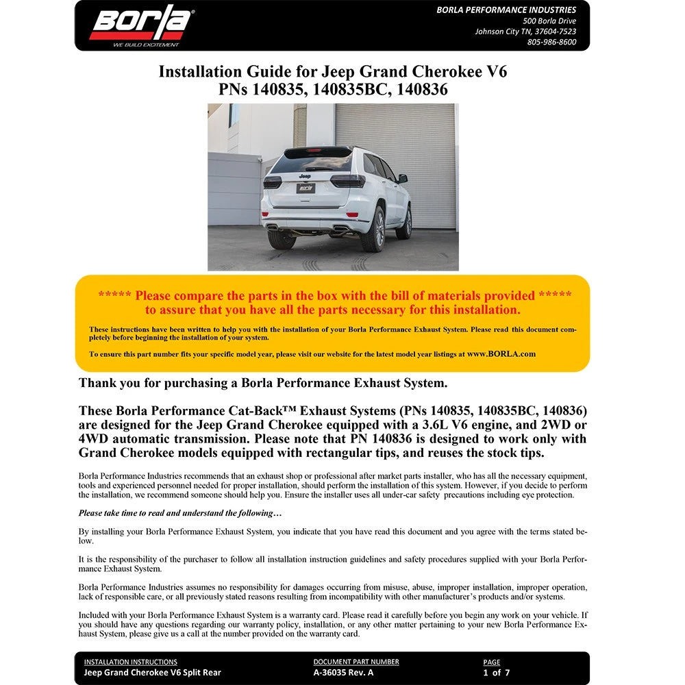 Borla S-Type Cat-Back Exhaust System | Jeep Grand Cherokee High Altitude/Summit (14-20) 3.6L V6 (140836)