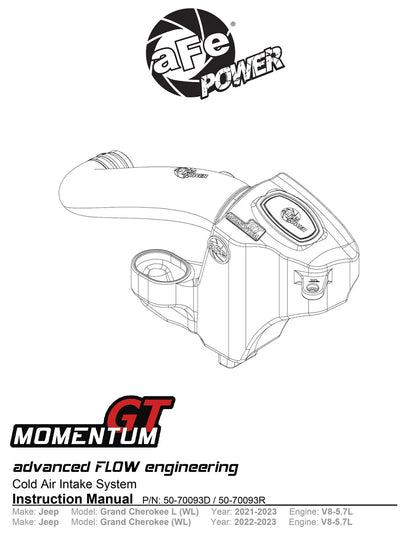 aFe Momentum GT Cold Air Intake w/ Pro 5R Filter | Jeep Grand Cherokee L HEMI V8 5.7L (21-22) (50-70093R)