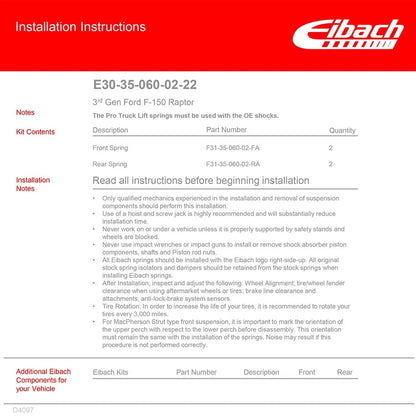 Eibach Pro-Kit Lift Springs for 2021-2023 Ford F-150 4WD