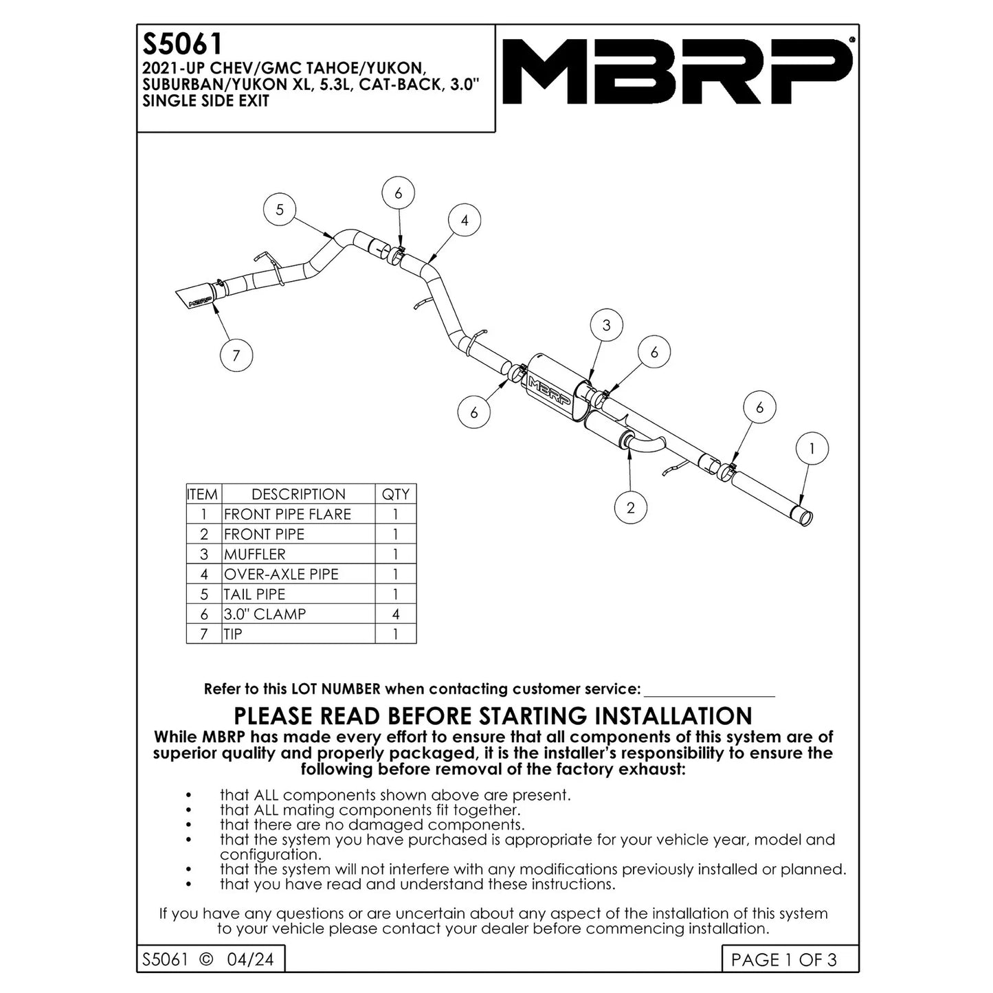 MBRP 3in Cat Back Single Side | Chevrolet/GMC Tahoe/Yukon/Suburban/Yukon XL 5.3L (21-24) (S5061304)