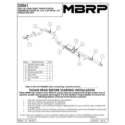 MBRP 3in Cat Back Single Side | Chevrolet/GMC Tahoe/Yukon/Suburban/Yukon XL 5.3L (21-24) (S5061304)