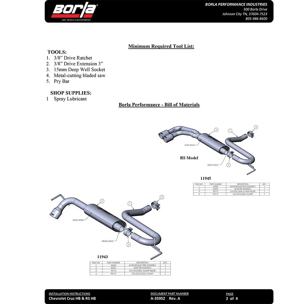 Borla Axle-Back Exhaust System - S-Type | 2017-2019 Chevrolet Cruze Hatchback 1.4L (11945)