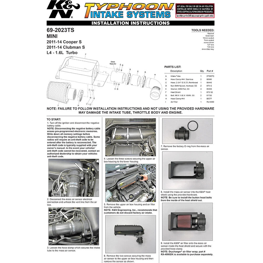 K&N Black Typhoon Performance Intake | 2011-2015 Mini Cooper S (69-2023TS)