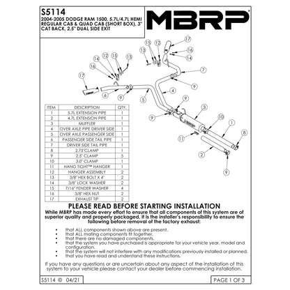 MBRP 3in. D&S Cat-Back Dual Split Side Exit Ram 1500 04-05 (S5114AL)