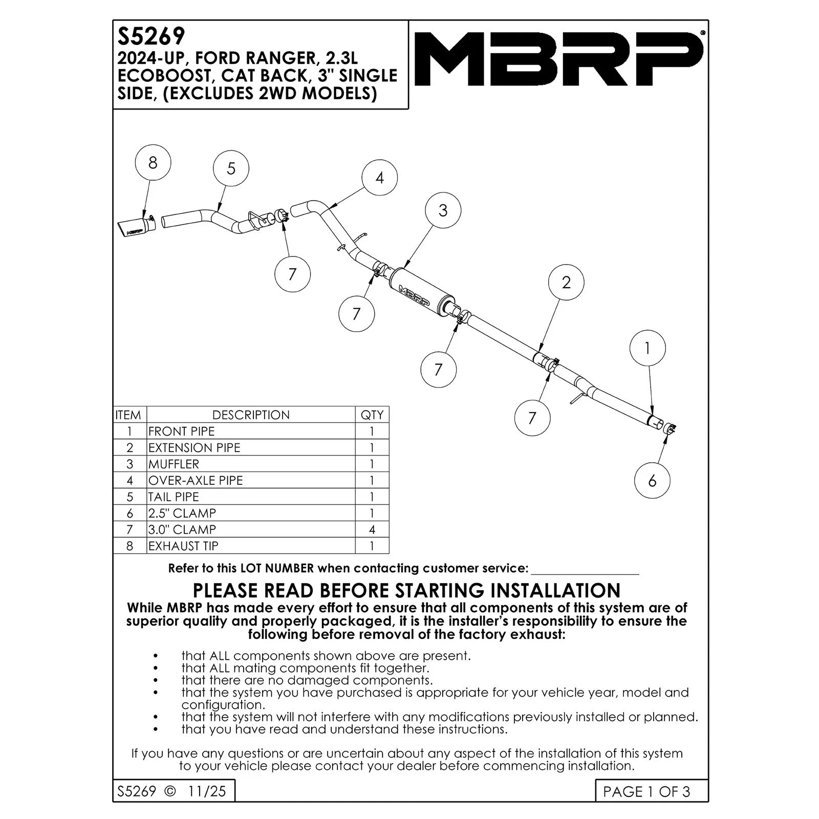MBRP 3in T304 SS Single Side Outlet Cat Back Exhaust | Ford Ranger (24) (S5269304)