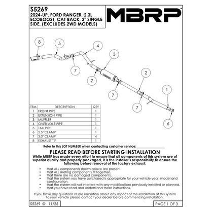 MBRP 3in T304 SS Single Side Outlet Cat Back Exhaust | Ford Ranger (24) (S5269304)