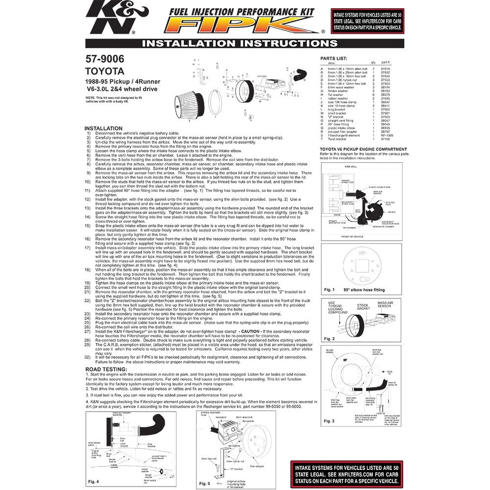 K&N 57-9006 Performance Cold Air Intake for 88-95 Toyota 4Runner / Pickup 3.0 V6