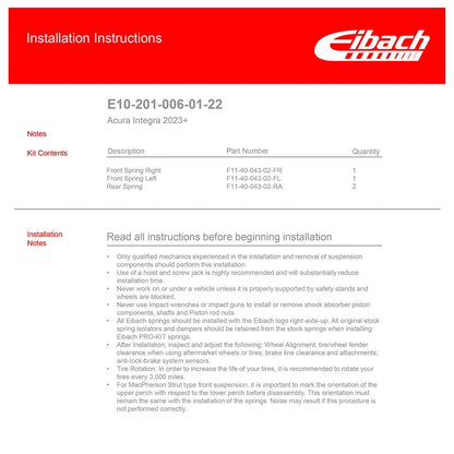Eibach Pro Kit Lowering Springs | 2023 Acura Integra (E10-201-006-01-22)