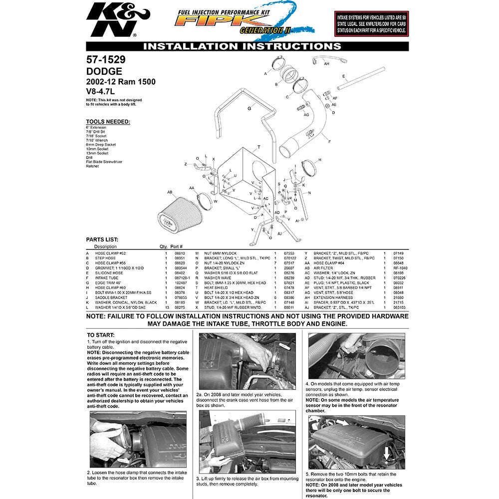 K&N Engineering Performance Intake Kit: Dodge Ram V8 4.7L 2002 - 2007