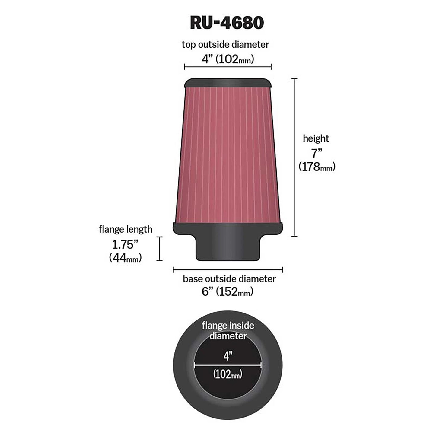K&N RU-4680 Universal Round Tapered Performance Washable Air Filter for Intake