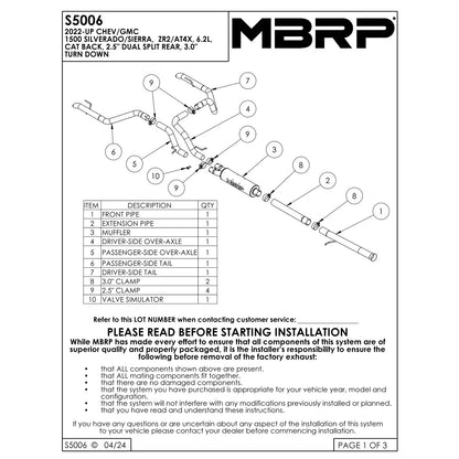 MBRP 2.5in Turn Down 3in Cat Back | Chevrolet Silverado/Sierra ZR2/AT4X 6.2L (22-23) (S5006304)