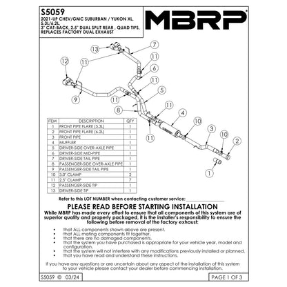 MBRP 3in T304 SS Dual Split Cat-back | Chevrolet Suburban XL 5.3L (21-24)
