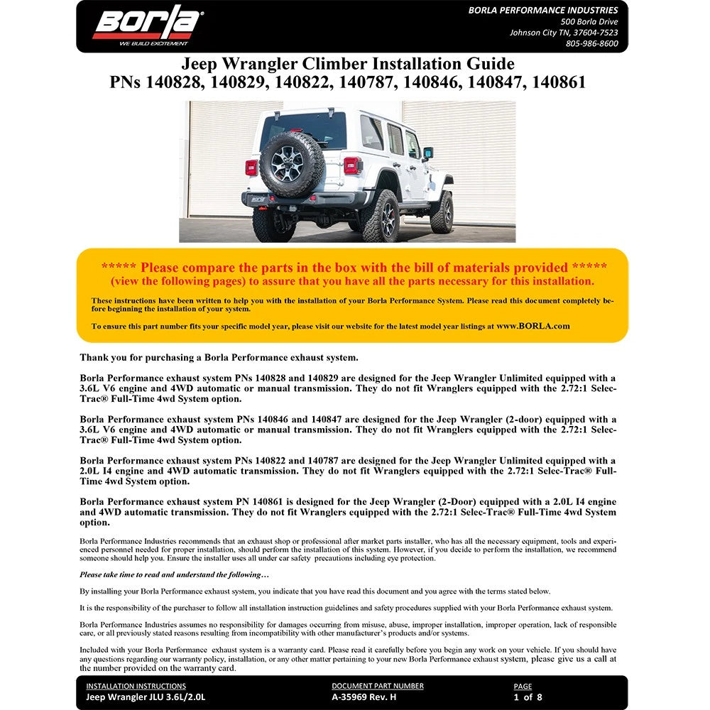 Borla Cat-Back Exhaust System - Touring | 2018-2020 Jeep Wrangler 4 Door 3.6L (140822)