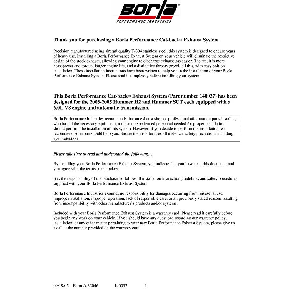 Borla Cat-Back Exhaust System - Touring | 2003-2006 Hummer H2 6.0L (140037)