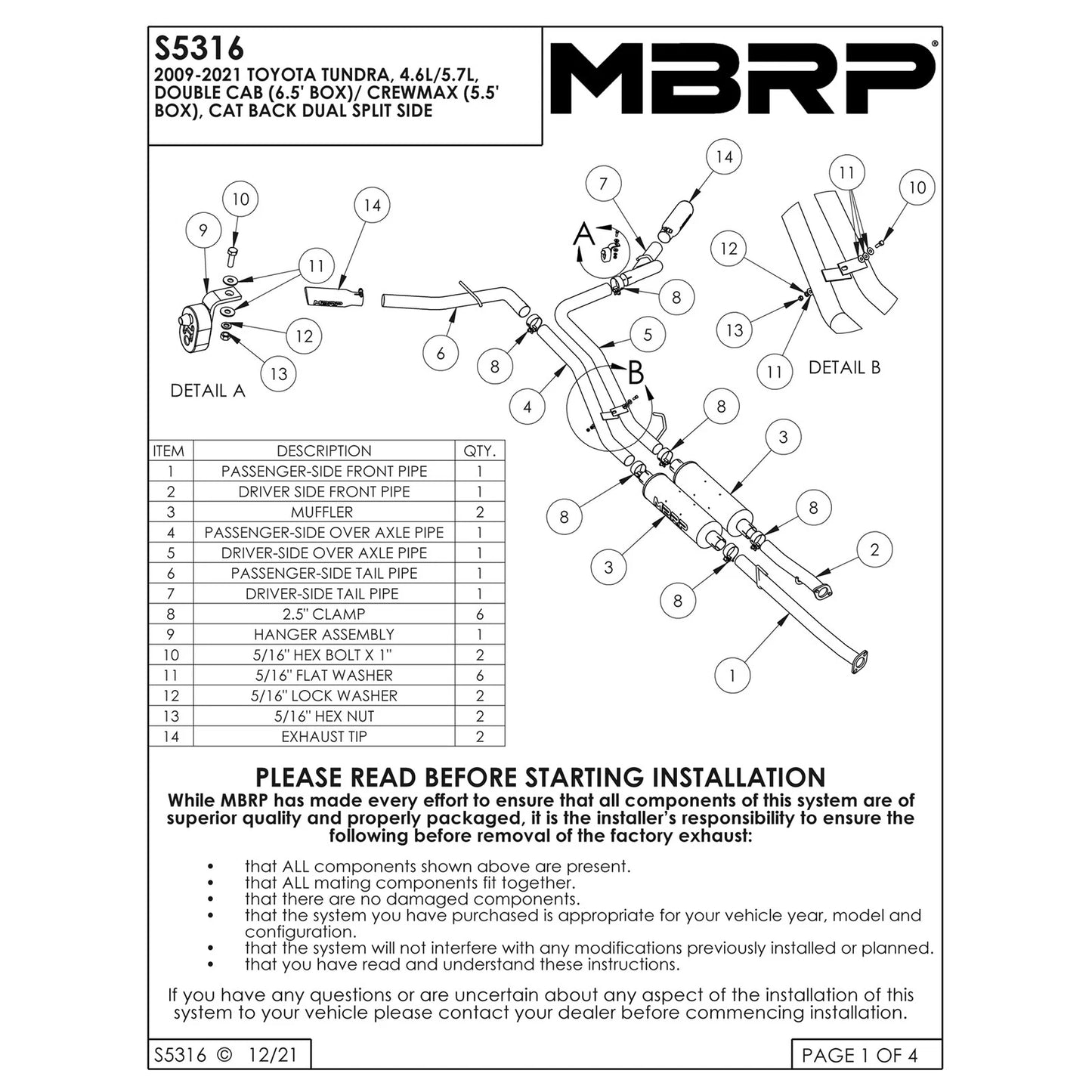 MBRP 2.5in D&S Cat-Back Dual Side Exit Exhaust | Toyota Tundra 09-21 (S5316409)